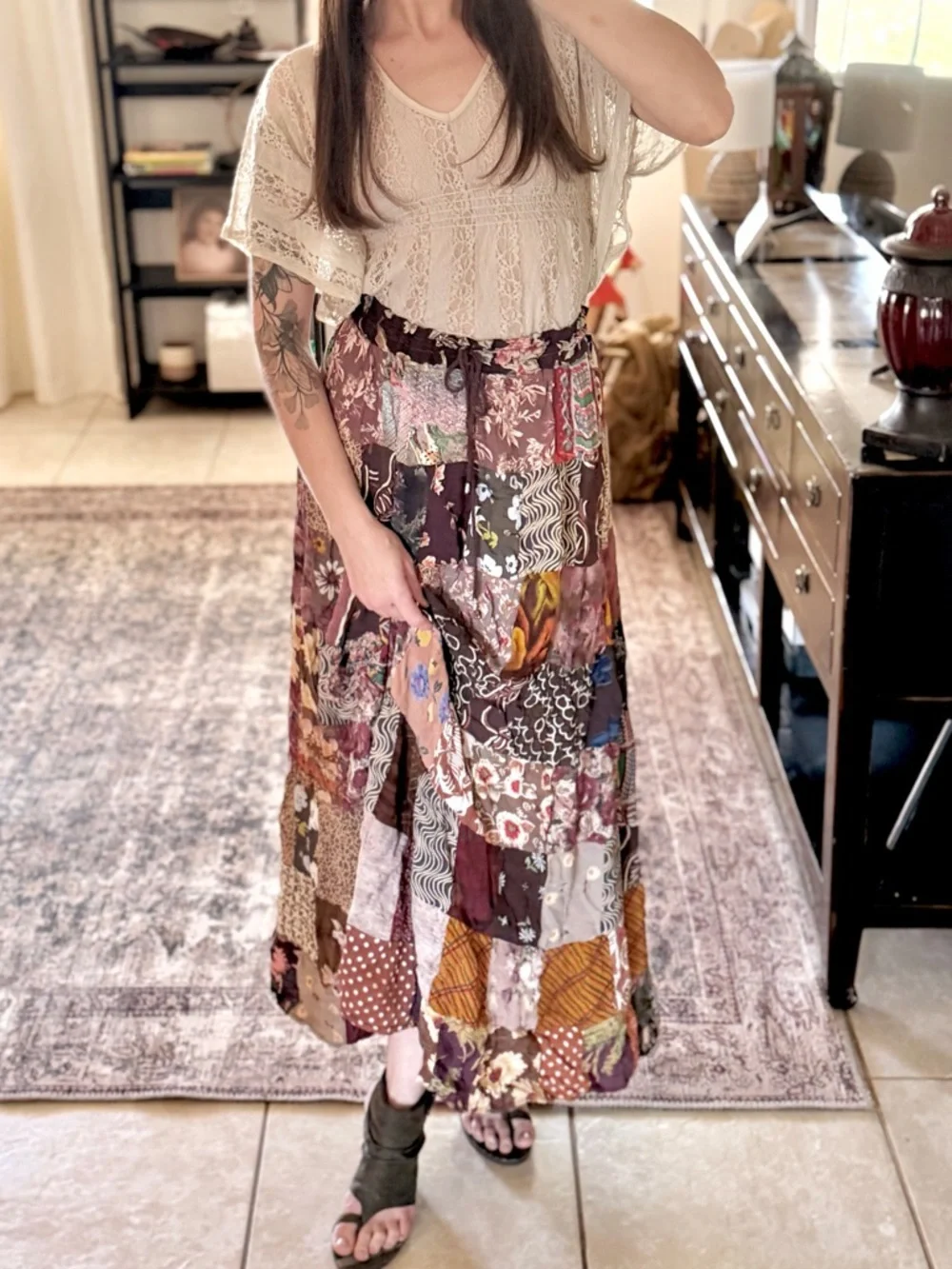 Vintage Patchwork Maxi Skirt Boho Festival Cottagecore Free Size Drawstring‎